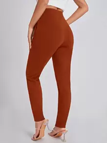 SHEIN Essnce 素色斜口袋緊身褲 - 鏽棕色 - 查看 3