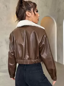 SHEIN EZwear Borg Collar Drop Shoulder PU Leather Jacket - Coffee Brown - View 2