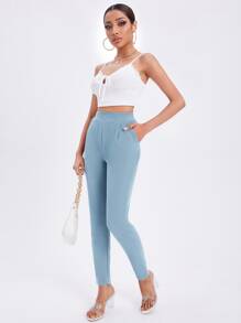 SHEIN Essnce Solid Slant Pocket Skinny Trousers - Baby Blue - View 4