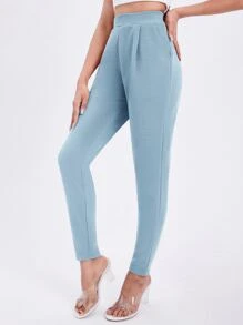 SHEIN Essnce Solid Slant Pocket Skinny Trousers - Baby Blue - View 5