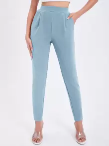 SHEIN Essnce Solid Slant Pocket Skinny Trousers - Baby Blue - View 6