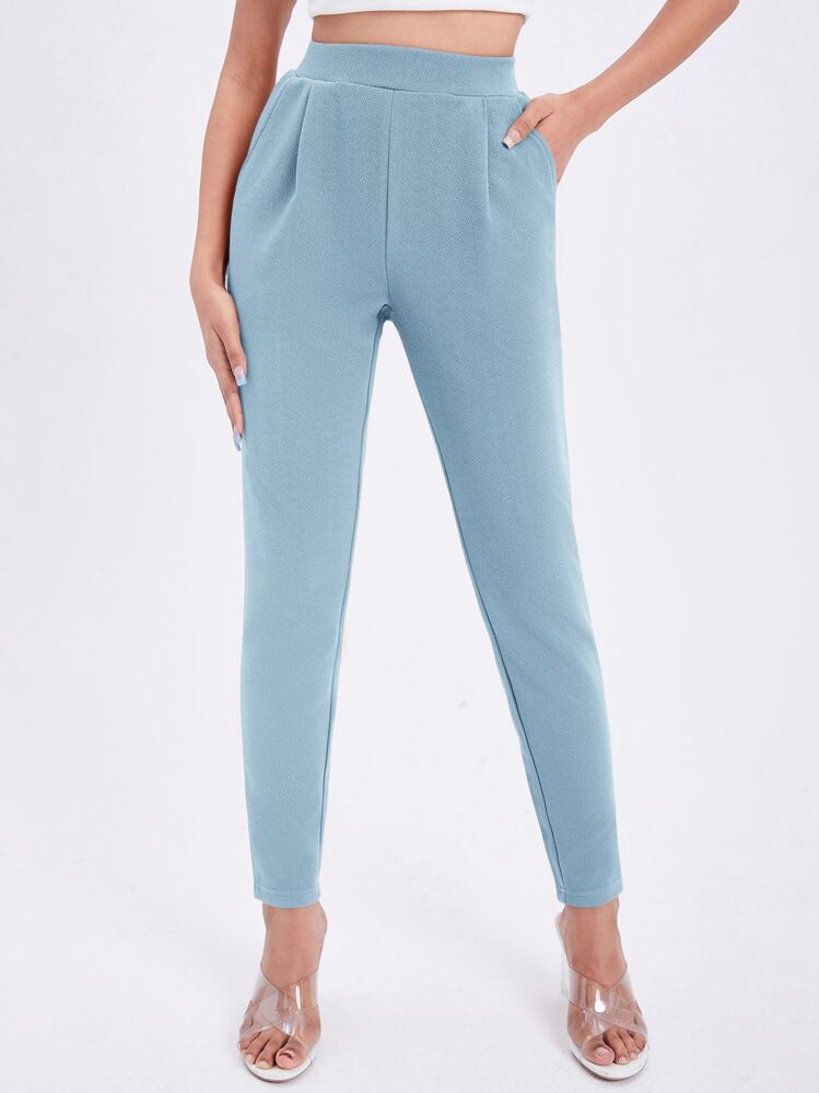 SHEIN Essnce Solid Slant Pocket Skinny Trousers - Baby Blue - View 5