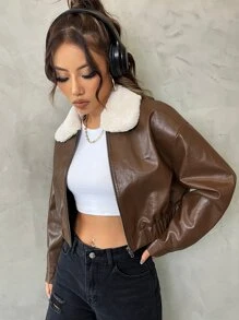 SHEIN EZwear Borg Collar Drop Shoulder PU Leather Jacket - Coffee Brown - View 5