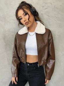 SHEIN EZwear Borg Collar Drop Shoulder PU Leather Jacket - Coffee Brown - View 6