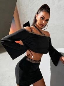 SHEIN SXY Asymmetrical Neck Contrast Tape Crop Tee - Black - View 4