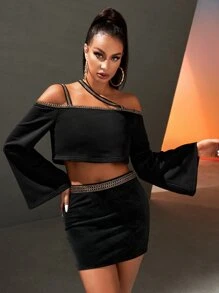 SHEIN SXY Asymmetrical Neck Contrast Tape Crop Tee - Black - View 6