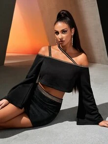 SHEIN SXY Asymmetrical Neck Contrast Tape Crop Tee - Black - View 8