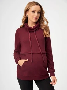 SHEIN Maternity Nursing Drawstring Detail Pocket Front Sweatshirt - Maroon - View 1