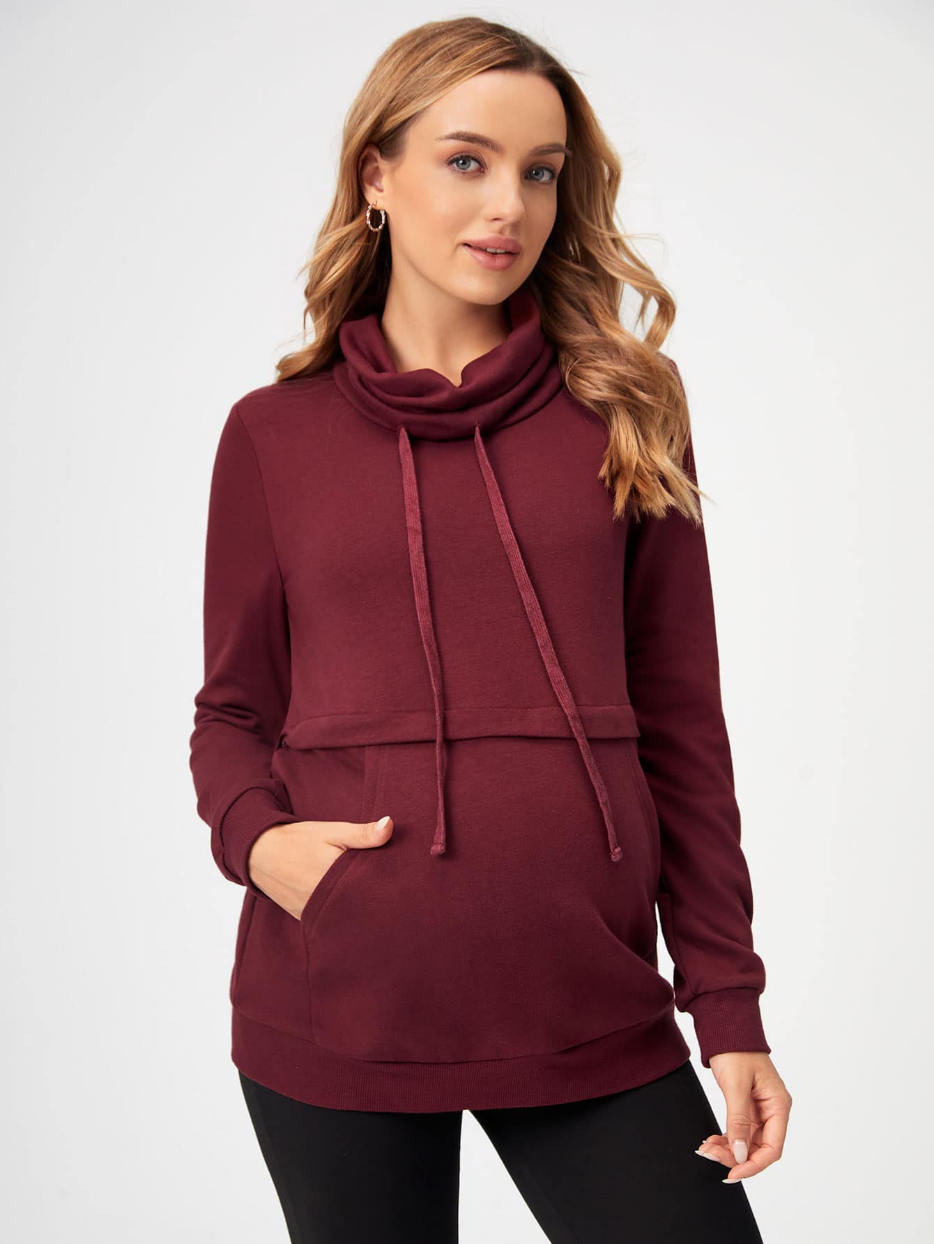 SHEIN Maternity Nursing Drawstring Detail Pocket Front Sweatshirt - Maroon - View 1