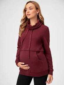 SHEIN Maternity Nursing Drawstring Detail Pocket Front Sweatshirt - Maroon - View 3