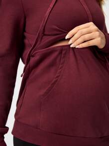 SHEIN Maternity Nursing Drawstring Detail Pocket Front Sweatshirt - Maroon - View 5