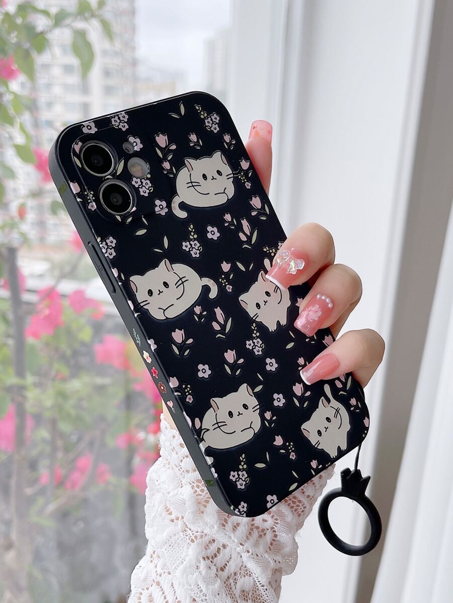 Ốp điện thoại hình mèo hoạt hình Apple dễ thương và họa tiết hoa, tương thích với iPhone 15/15Plus/15Pro/15Promax, chống nước, chống sốc, chống rơi vỡ và chống trầy xước. - Nhiều màu - Xem 1