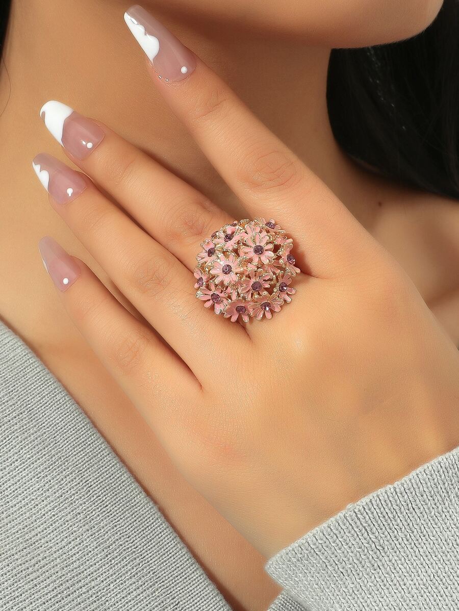 Rhinestone & Flower Decor Ring Valentines,Mom,Mother,Mother's Day,Gift - Pink - View 1