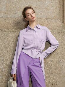 Drop Shoulder Pocket Patched Belted Shirt - Lilac Purple - View 1