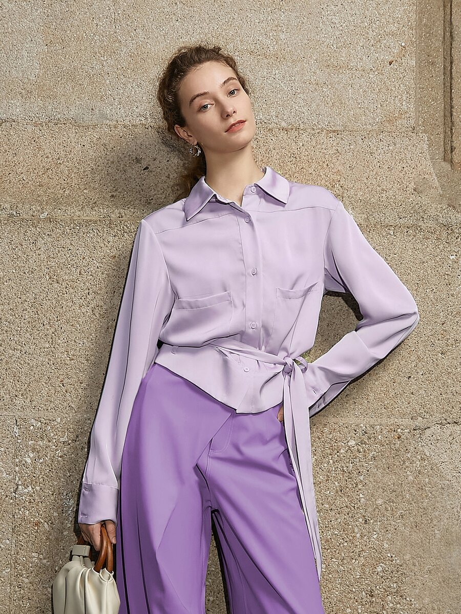 Drop Shoulder Pocket Patched Belted Shirt - Lilac Purple - View 1