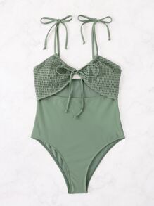 Smocked Bust Cut-Out One Piece Swimsuit, For Summer Beach Vacation - Army Green - View 1