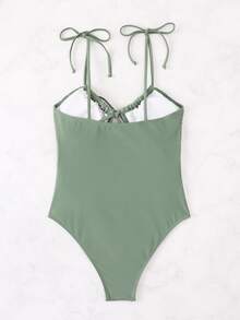 Smocked Bust Cut-Out One Piece Swimsuit, For Summer Beach Vacation - Army Green - View 2