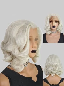 13*3 Synthetic Lace Front Wigs Short Platinum Blonde Natural Wavy Curly Lace Front Wig For Fashion Charming Women Daily Party Use Glueless Heat Resistant Fiber Hair 130% High Density 12 Inch Free Part Natural Pre-Plucked Hairline HD Transparent Shoulder Length Bob Lace Wig & 1pc Wig Cap - Beige - View 2