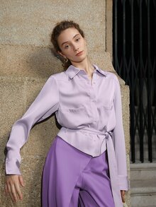Drop Shoulder Pocket Patched Belted Shirt - Lilac Purple - View 3