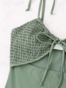 Smocked Bust Cut-Out One Piece Swimsuit, For Summer Beach Vacation - Army Green - View 4
