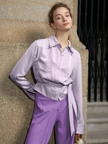 Drop Shoulder Pocket Patched Belted Shirt - Lilac Purple - View 4