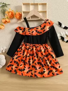 Toddler Girls Halloween Print Asymmetrical Neck Ruffle Trim Dress - Multicolor - View 1