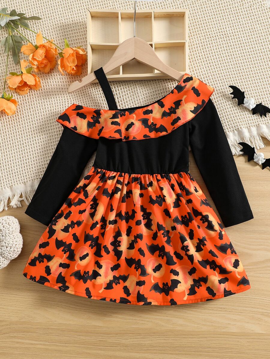 Toddler Girls Halloween Print Asymmetrical Neck Ruffle Trim Dress - Multicolor - View 1