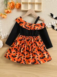 Toddler Girls Halloween Print Asymmetrical Neck Ruffle Trim Dress - Multicolor - View 2