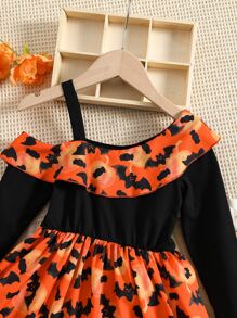 Toddler Girls Halloween Print Asymmetrical Neck Ruffle Trim Dress - Multicolor - View 3
