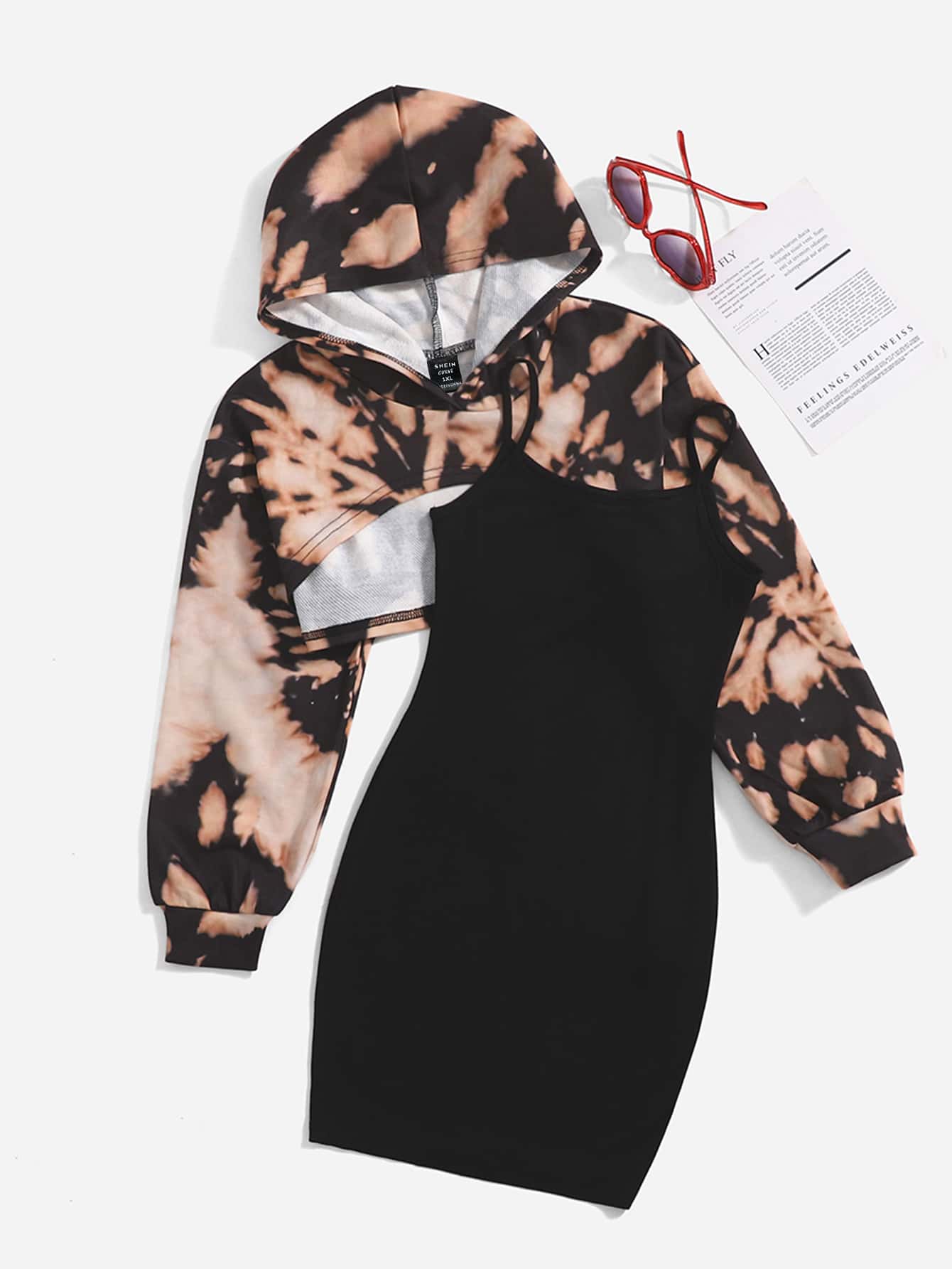 SHEIN EZwear 大碼紮染超短款連帽衫和緊身洋裝 - 彩色 - 查看 1