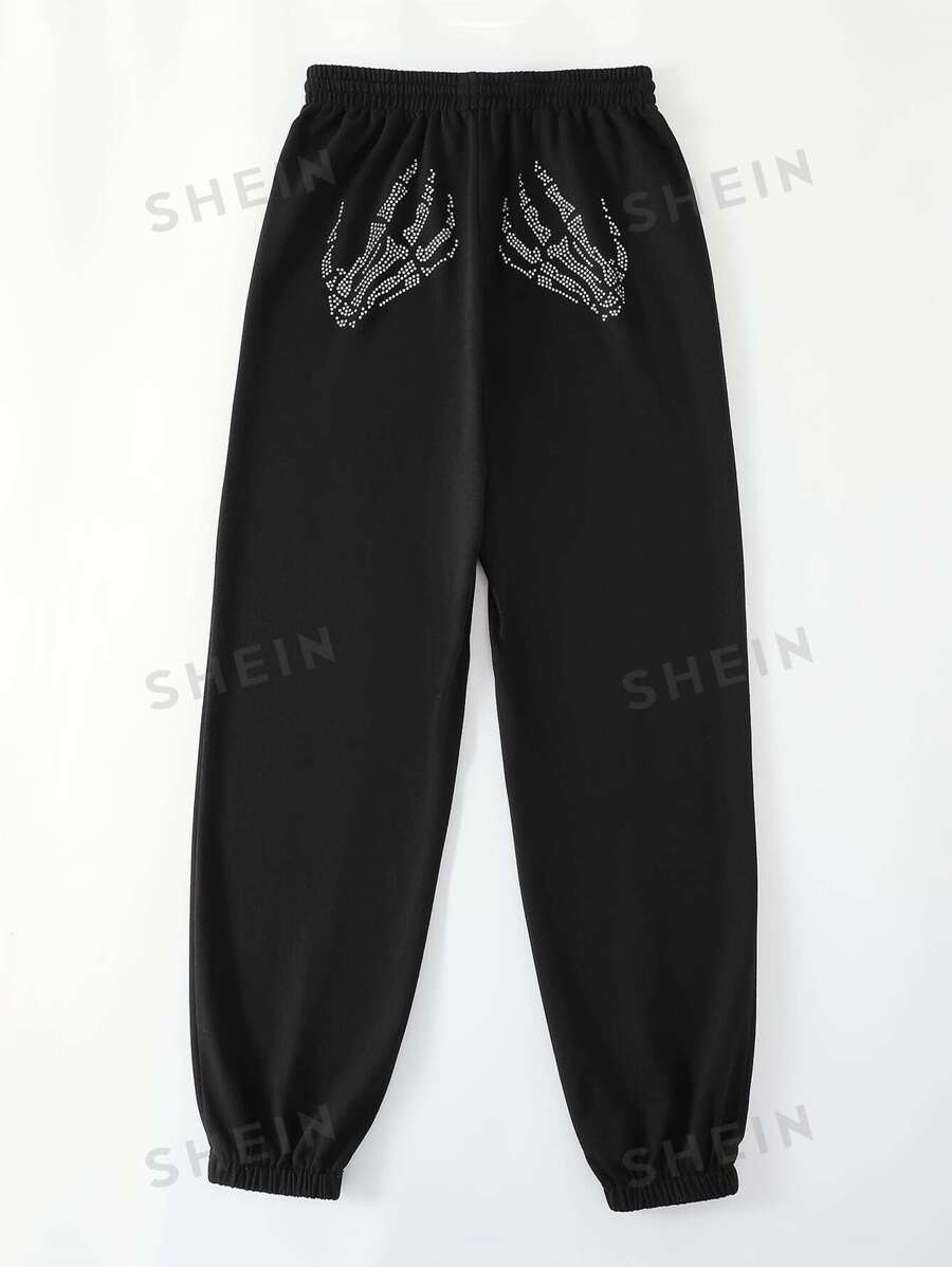 SHEIN Unity Pantalones deportivos con diamante de imitación con patrón de esqueleto - Negro - Ver 1