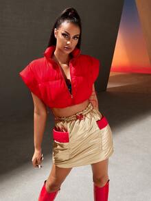 SHEIN SXY Drawstring Paperbag Waist Pocket Detail Colourblock Skirt - Gold - View 6