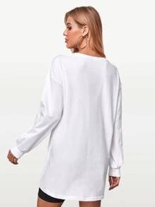 SHEIN BASICS Women's Loose Round Neck Drop Shoulder Long Sleeve Casual T-Shirt, Solid Color, Autumn - White - View 2