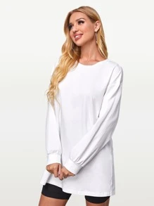 SHEIN BASICS Women's Loose Round Neck Drop Shoulder Long Sleeve Casual T-Shirt, Solid Color, Autumn - White - View 3
