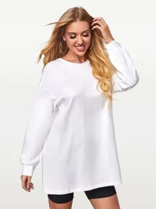 SHEIN BASICS Women's Loose Round Neck Drop Shoulder Long Sleeve Casual T-Shirt, Solid Color, Autumn - White - View 7