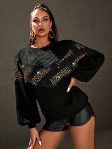 SHEIN SXY Letter Rhinestone Drop Shoulder Sweatshirt - Black - View 3