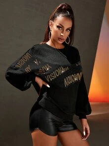 SHEIN SXY Letter Rhinestone Drop Shoulder Sweatshirt - Black - View 7