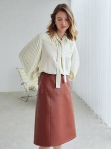 MOTF PREMIUM PLEATED TIE NECK TOP - Beige - View 2