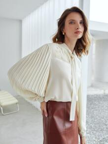 MOTF PREMIUM PLEATED TIE NECK TOP - Beige - View 4