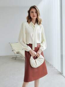 MOTF PREMIUM PLEATED TIE NECK TOP - Beige - View 5