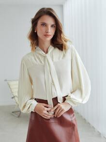 MOTF PREMIUM PLEATED TIE NECK TOP - Beige - View 6