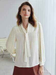 MOTF PREMIUM PLEATED TIE NECK TOP - Beige - View 7