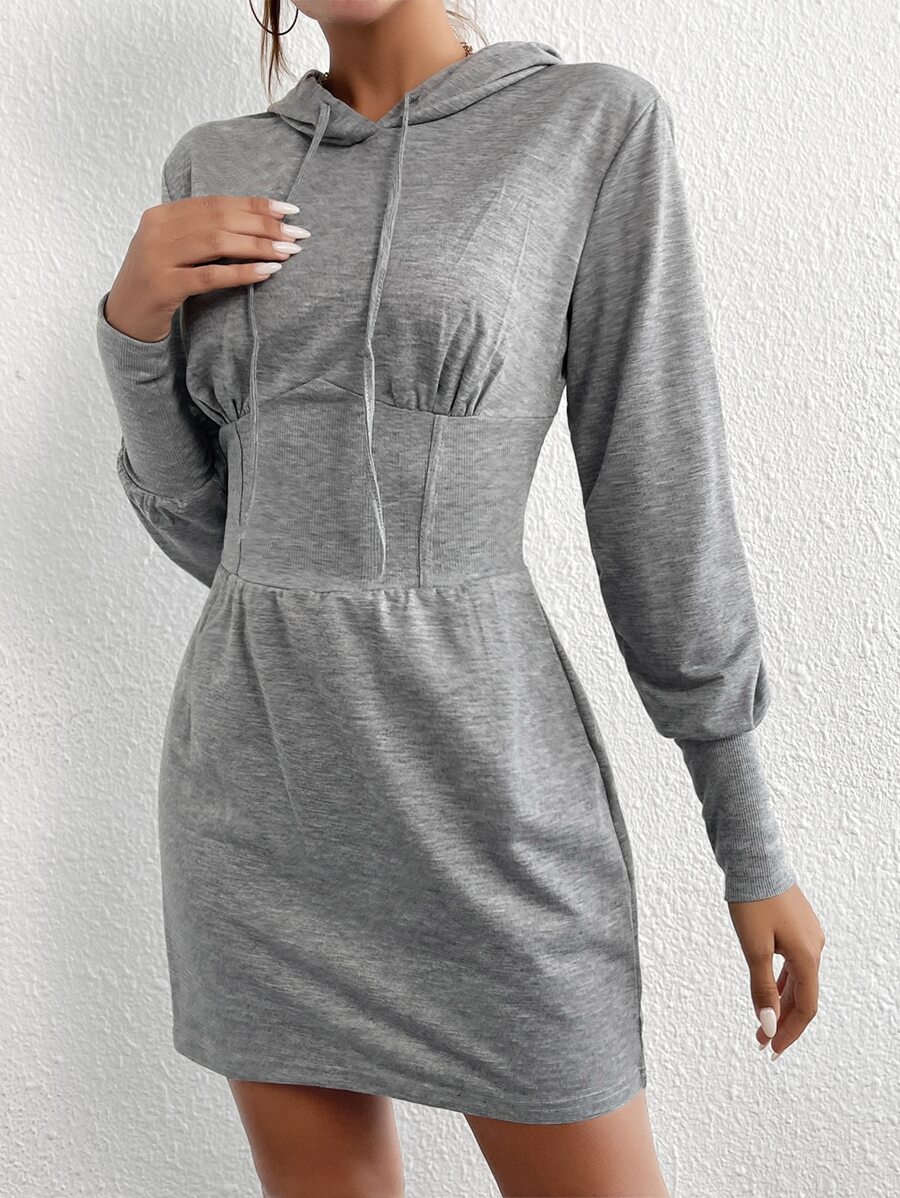 SHEIN SXY Solid Drawstring Hooded Sweatshirt Dress - Grey - View 1