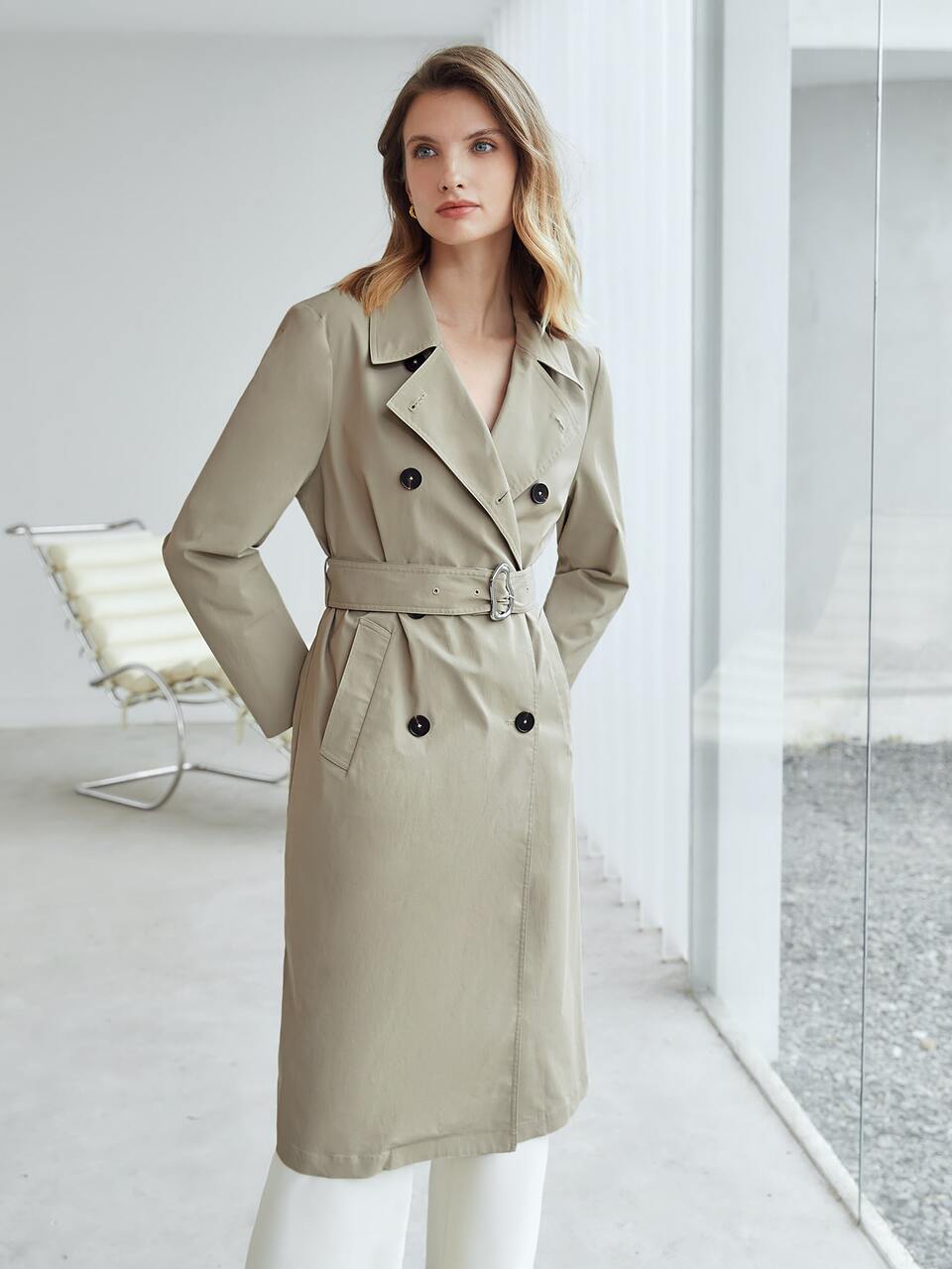 MOTF Gabardina de doble botonadura con cinturón