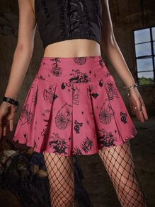 ROMWE Goth Skull Graphic Pleated Skirt - Pink - View 2