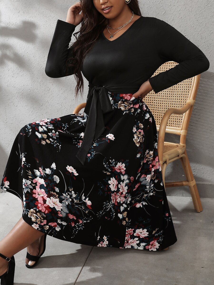 SHEIN LUNE Plus Floral Print Belted Dress - Black - View 1