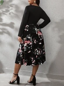 SHEIN LUNE Plus Floral Print Belted Dress - Black - View 2