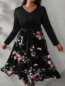 SHEIN LUNE Plus Floral Print Belted Dress - Black - View 3