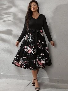 SHEIN LUNE Plus Floral Print Belted Dress - Black - View 4