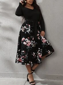 SHEIN LUNE Plus Floral Print Belted Dress - Black - View 5